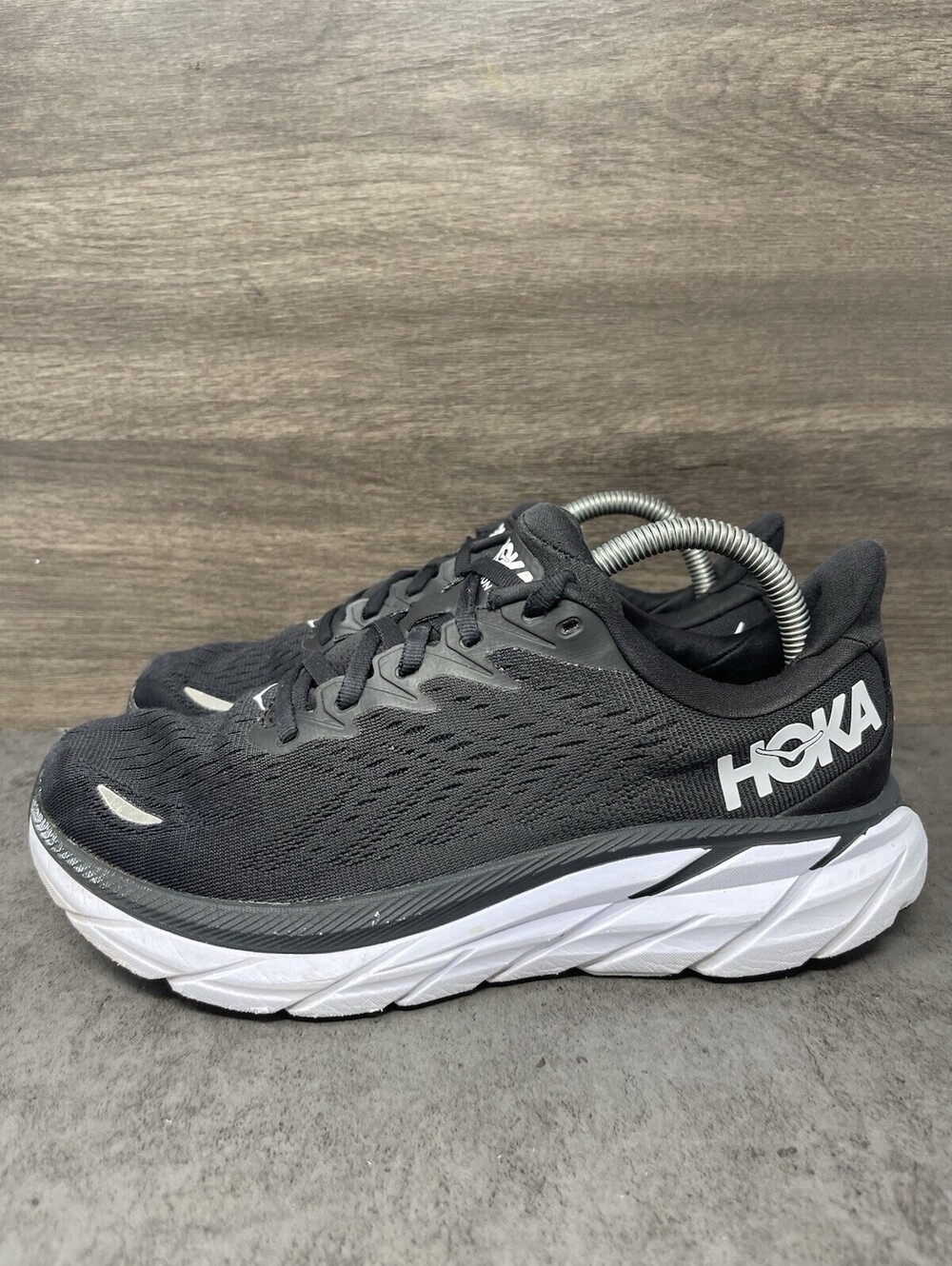 HOKA Clifton 8 Wide Black White Womens Size 8D Running Walking Athletic Shoes
